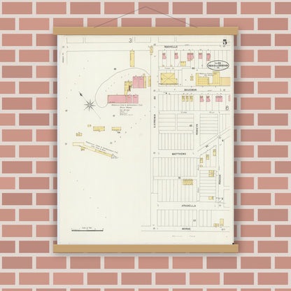 Old map wall art mockup — magnetic wood frame on brick wall — Sanborn Fire Insurance Map from Knoxville Borough, Allegheny County, Pennsylvania (1898), Sheet #0005