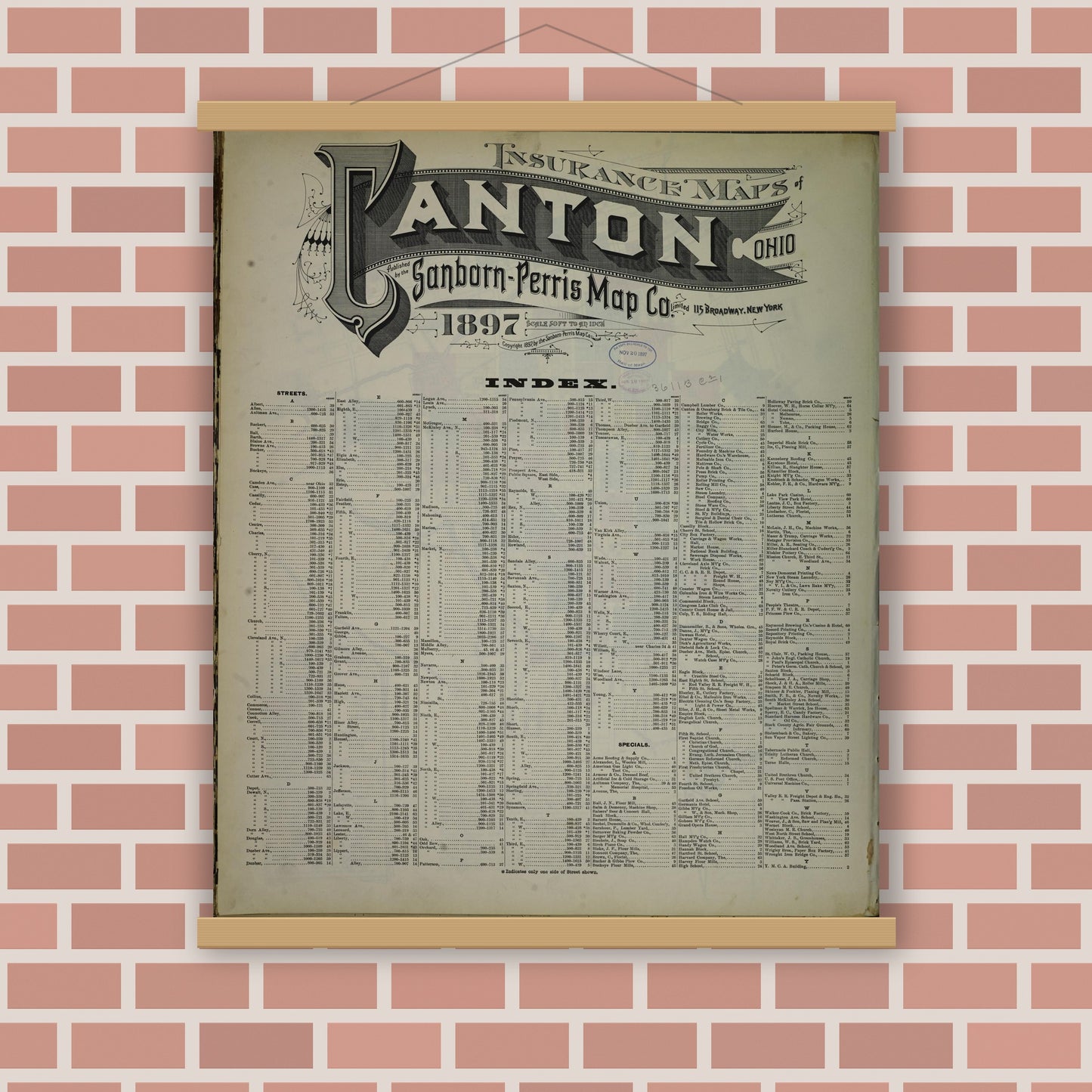 Old map wall art mockup — magnetic wood frame on brick wall — Sanborn Fire Insurance Map from Canton, Stark County, Ohio (1897), Sheet #0001