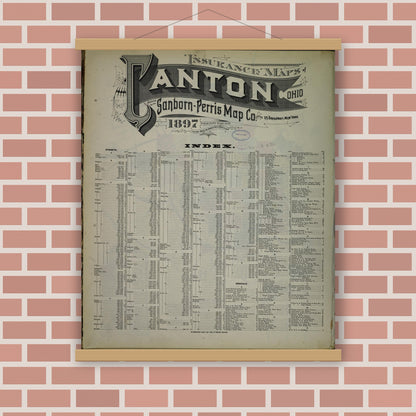 Old map wall art mockup — magnetic wood frame on brick wall — Sanborn Fire Insurance Map from Canton, Stark County, Ohio (1897), Sheet #0001