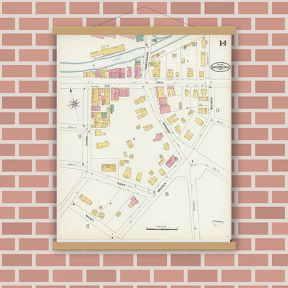 Old map wall art mockup — magnetic wood frame on brick wall — Sanborn Fire Insurance Map from Chicopee, Hampden County, Massachusetts (1902), Sheet #0014