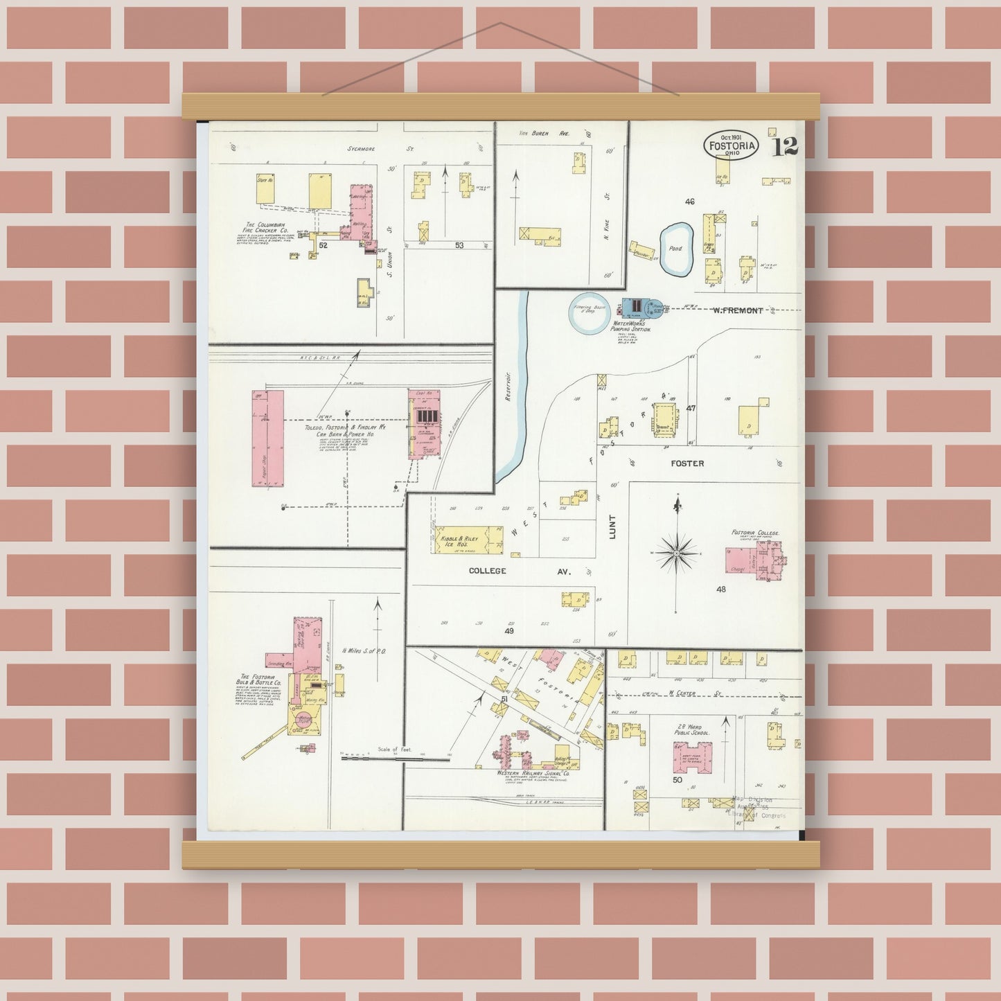 Old map wall art mockup — magnetic wood frame on brick wall — Sanborn Fire Insurance Map from Fostoria, Seneca, Hancock, And Wood Counties, Ohio (1901), Sheet #0012