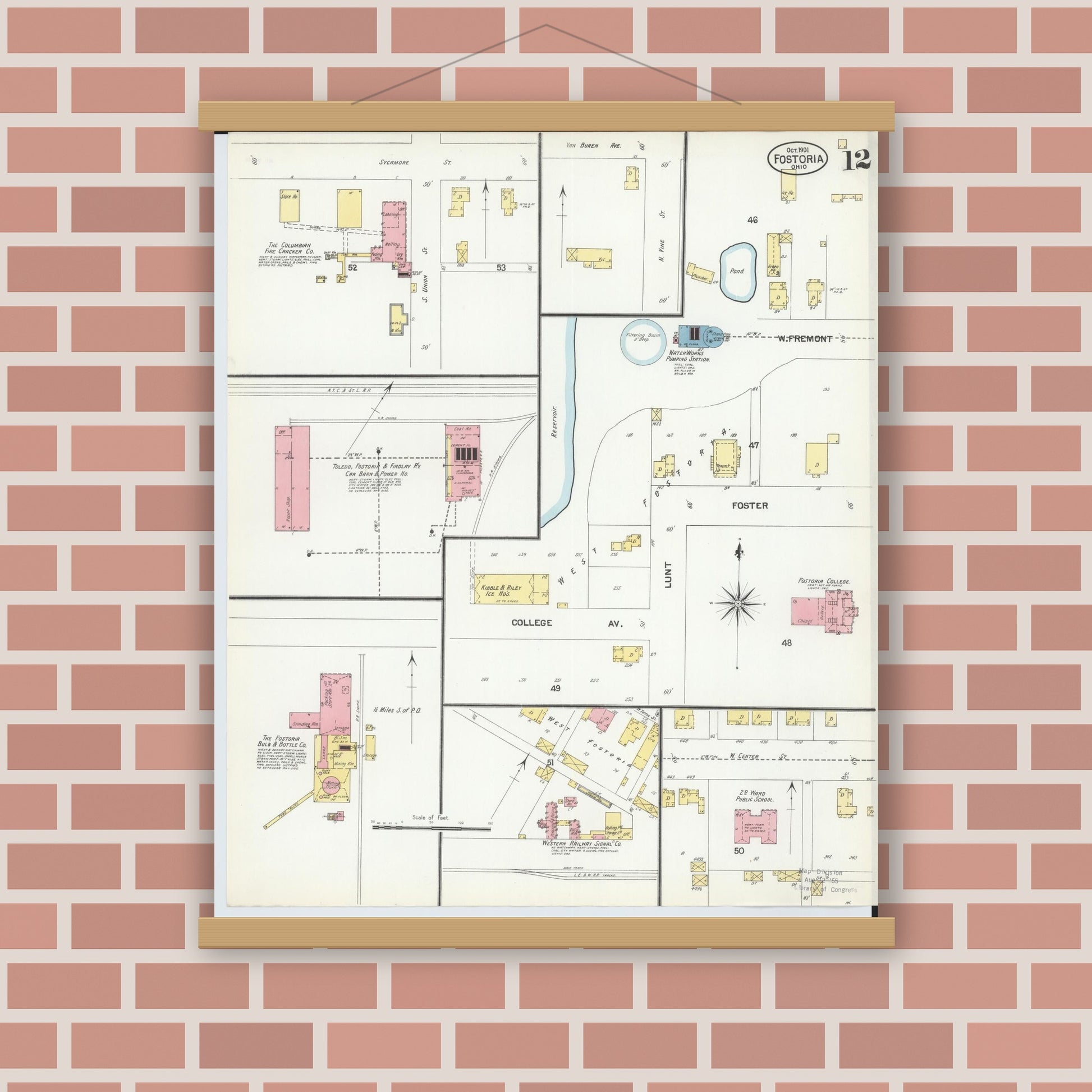Old map wall art mockup — magnetic wood frame on brick wall — Sanborn Fire Insurance Map from Fostoria, Seneca, Hancock, And Wood Counties, Ohio (1901), Sheet #0012