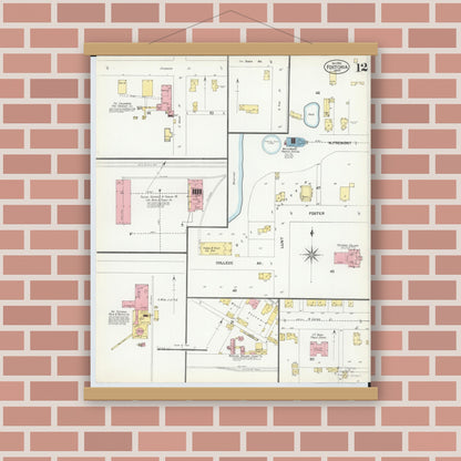 Old map wall art mockup — magnetic wood frame on brick wall — Sanborn Fire Insurance Map from Fostoria, Seneca, Hancock, And Wood Counties, Ohio (1901), Sheet #0012