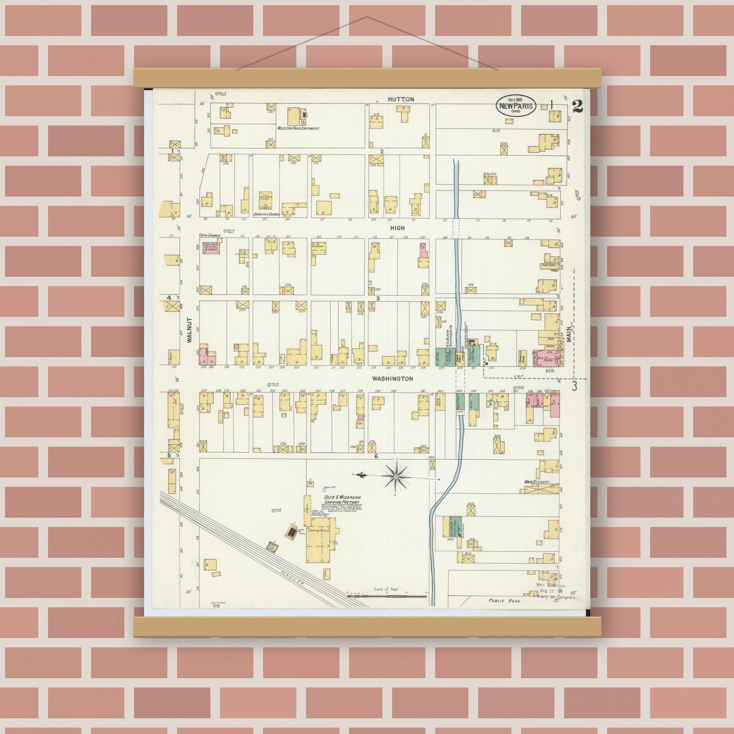 Old map wall art mockup — magnetic wood frame on brick wall — Sanborn Fire Insurance Map from New Paris, Preble County, Ohio (1901), Sheet #0002
