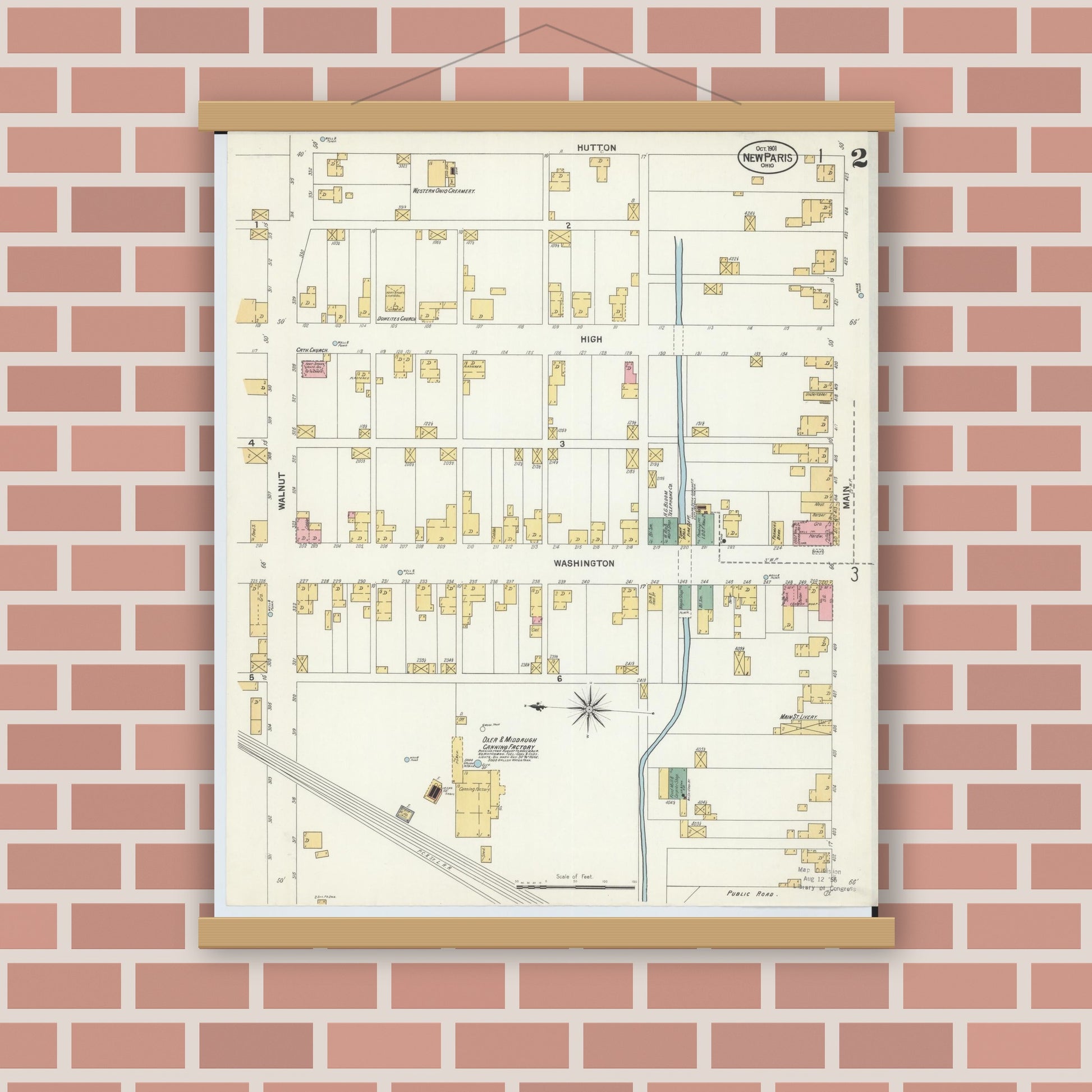 Old map wall art mockup — magnetic wood frame on brick wall — Sanborn Fire Insurance Map from New Paris, Preble County, Ohio (1901), Sheet #0002