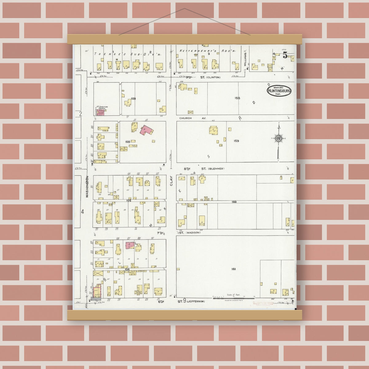 Old map wall art mockup — magnetic wood frame on brick wall — Sanborn Fire Insurance Map from Huntingburg, Dubois County, Indiana (1921), Sheet #0005