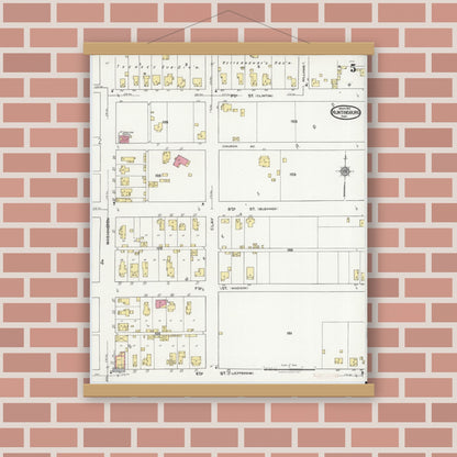 Old map wall art mockup — magnetic wood frame on brick wall — Sanborn Fire Insurance Map from Huntingburg, Dubois County, Indiana (1921), Sheet #0005