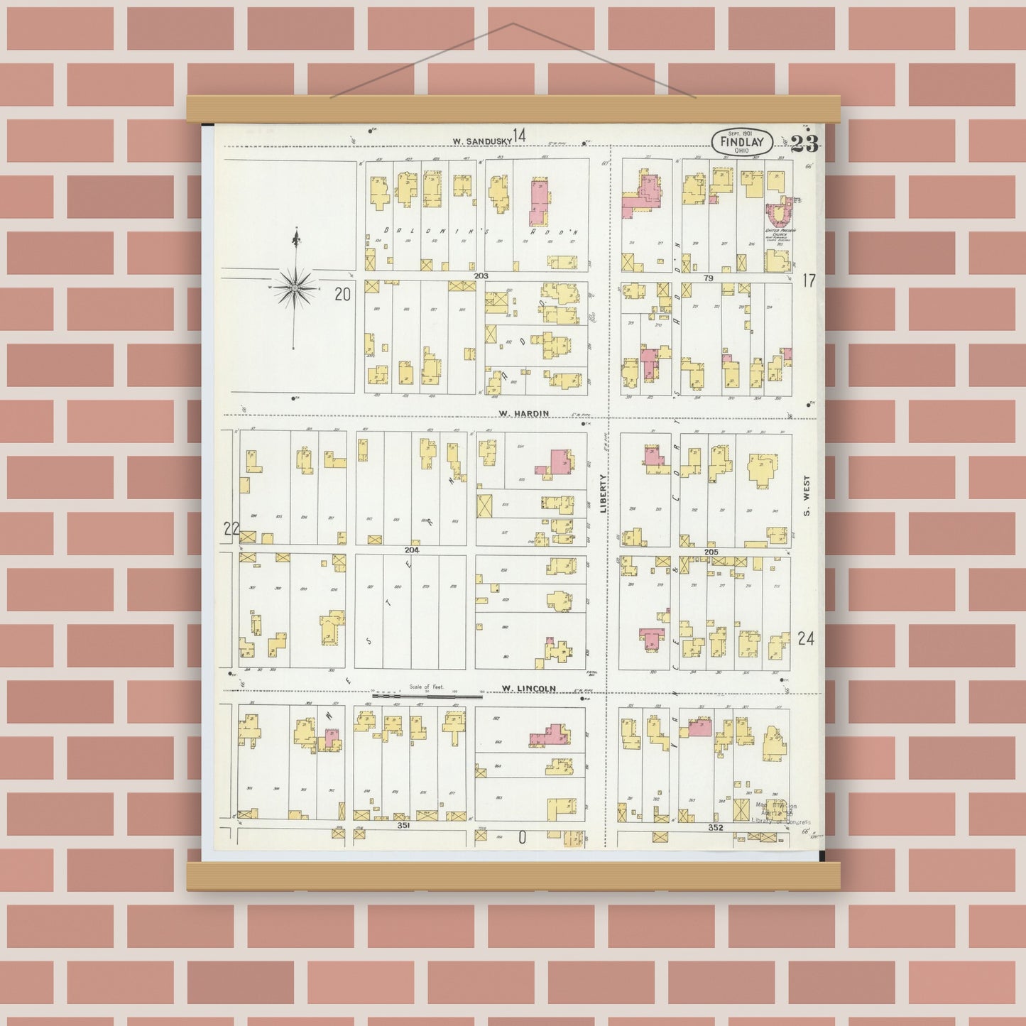 Old map wall art mockup — magnetic wood frame on brick wall — Sanborn Fire Insurance Map from Findlay, Hancock County, Ohio (1901), Sheet #0023