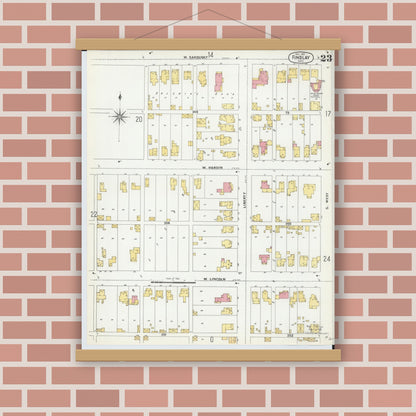 Old map wall art mockup — magnetic wood frame on brick wall — Sanborn Fire Insurance Map from Findlay, Hancock County, Ohio (1901), Sheet #0023