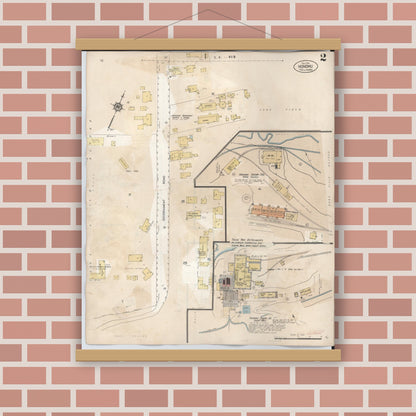 Old map wall art mockup — magnetic wood frame on brick wall — Sanborn Fire Insurance Map from Honomu, Hawaii County, Hawaii (1956), Sheet #0002