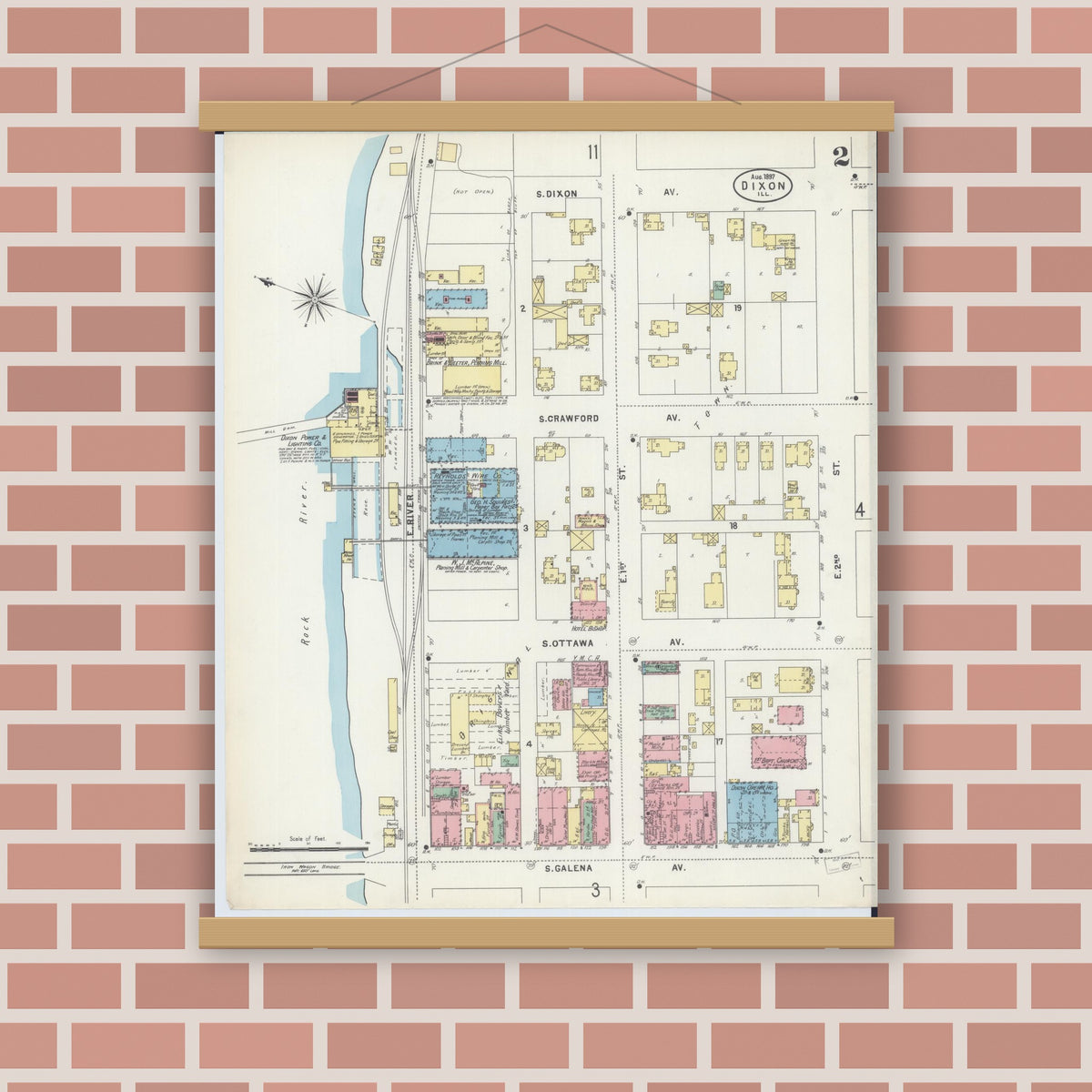 Old map wall art mockup — magnetic wood frame on brick wall — Sanborn Fire Insurance Map from Dixon, Lee County, Illinois (1897), Sheet #0002