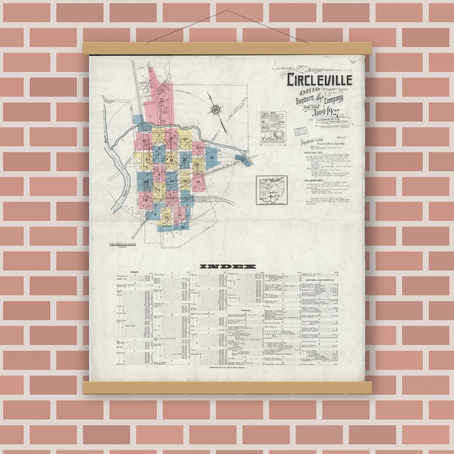 Old map wall art mockup — magnetic wood frame on brick wall — Sanborn Fire Insurance Map from Circleville, Pickaway County, Ohio (1927) - Complete Map Set