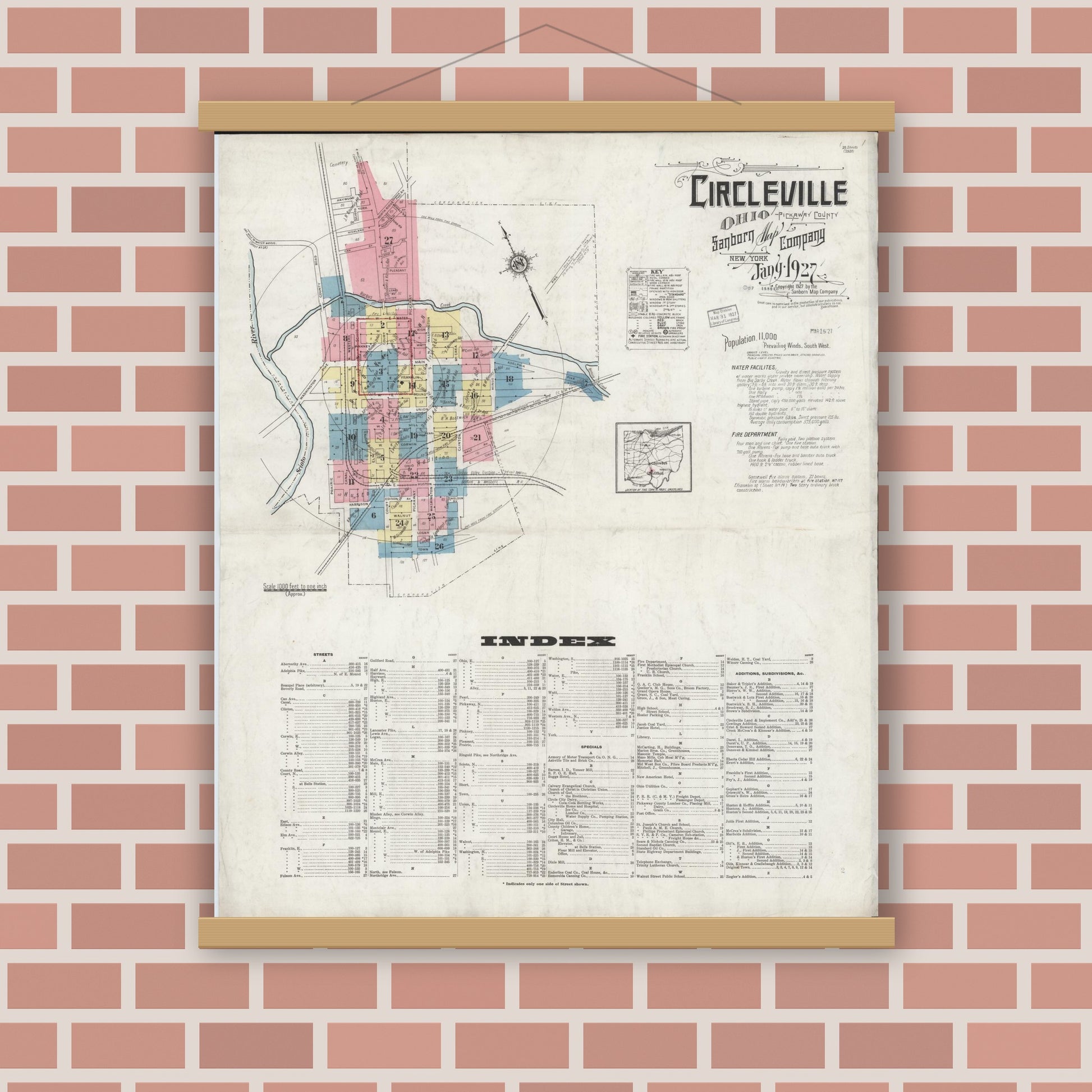 Old map wall art mockup — magnetic wood frame on brick wall — Sanborn Fire Insurance Map from Circleville, Pickaway County, Ohio (1927) - Complete Map Set