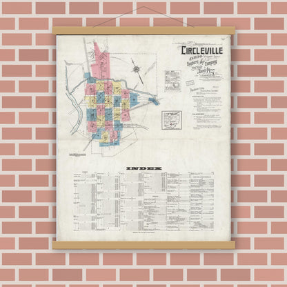 Old map wall art mockup — magnetic wood frame on brick wall — Sanborn Fire Insurance Map from Circleville, Pickaway County, Ohio (1927) - Complete Map Set