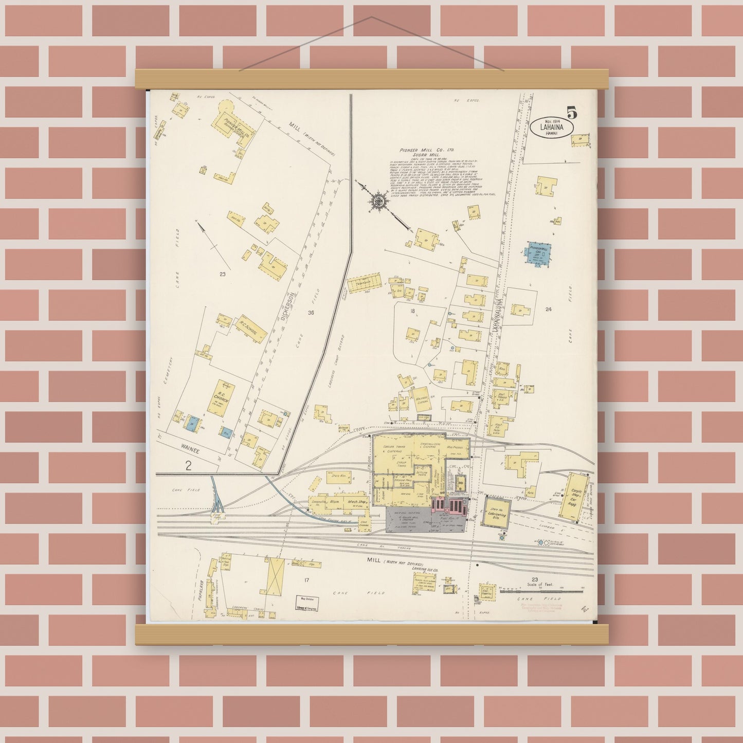 Old map wall art mockup — magnetic wood frame on brick wall — Sanborn Fire Insurance Map from Lahaina, Maui County, Hawaii (1914), Sheet #0005