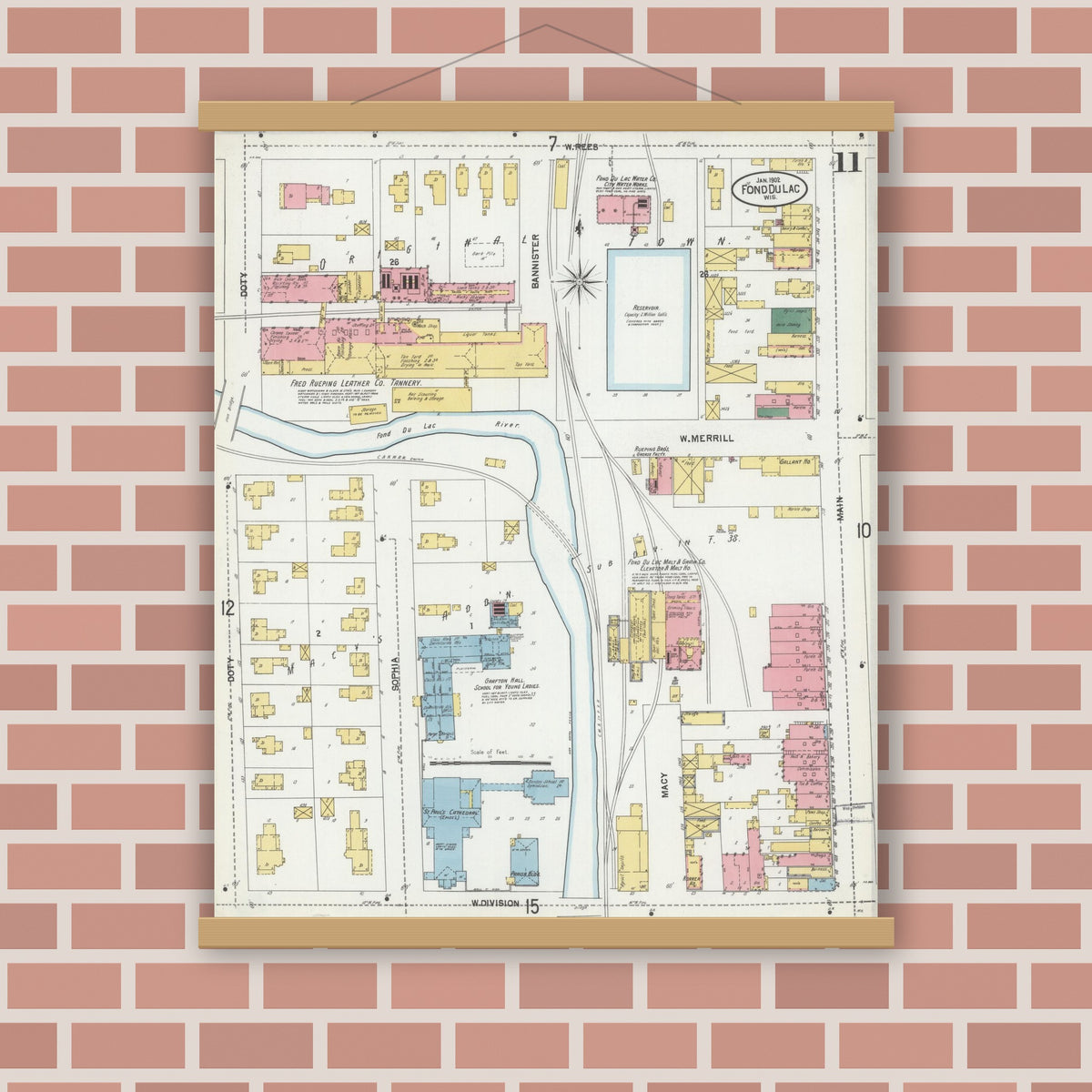 Old map wall art mockup — magnetic wood frame on brick wall — Sanborn Fire Insurance Map from Fond du Lac, Fond du Lac County, Wisconsin (1902), Sheet #0011