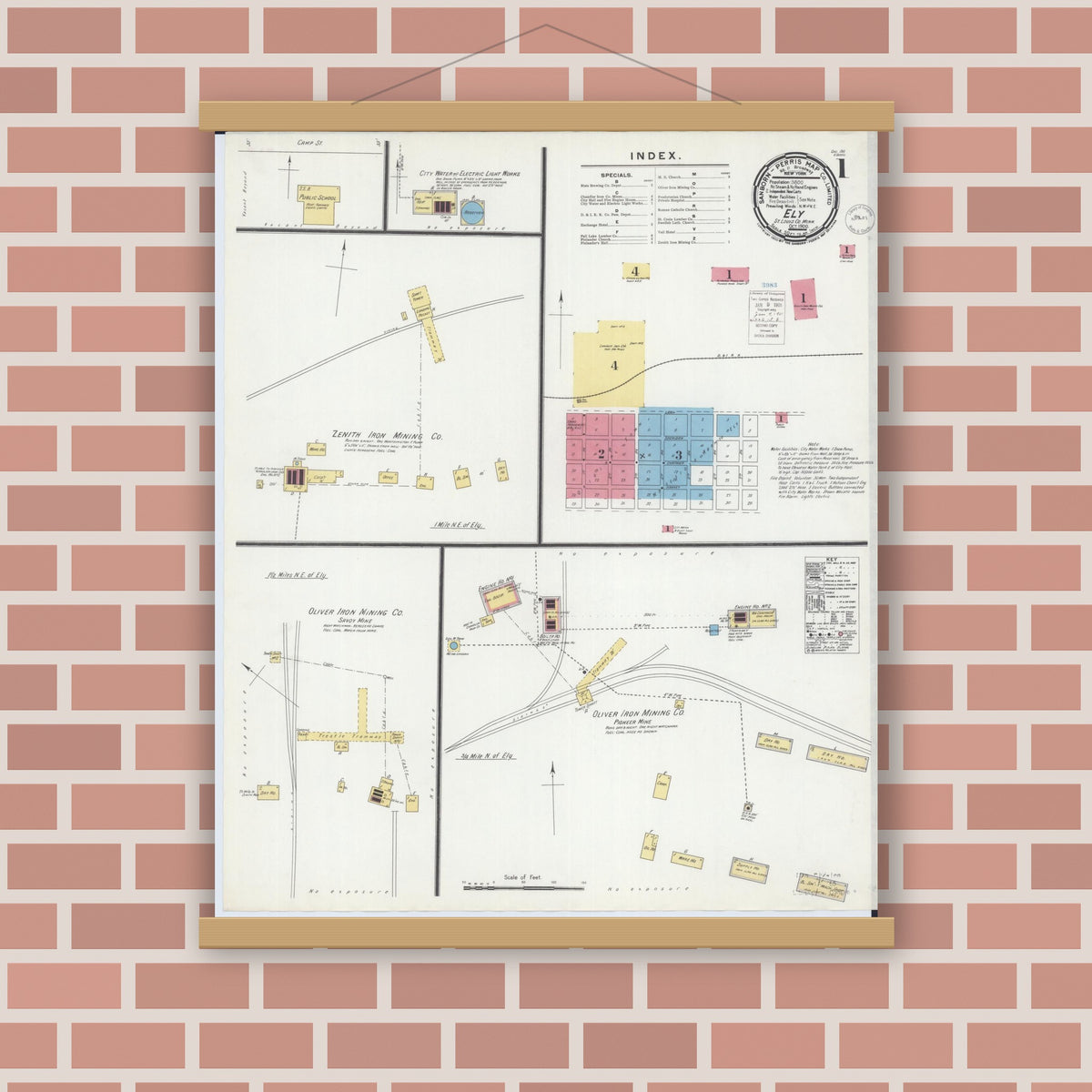 Old map wall art mockup — magnetic wood frame on brick wall — Sanborn Fire Insurance Map from Ely, Saint Louis County, Minnesota (1900), Sheet #0001