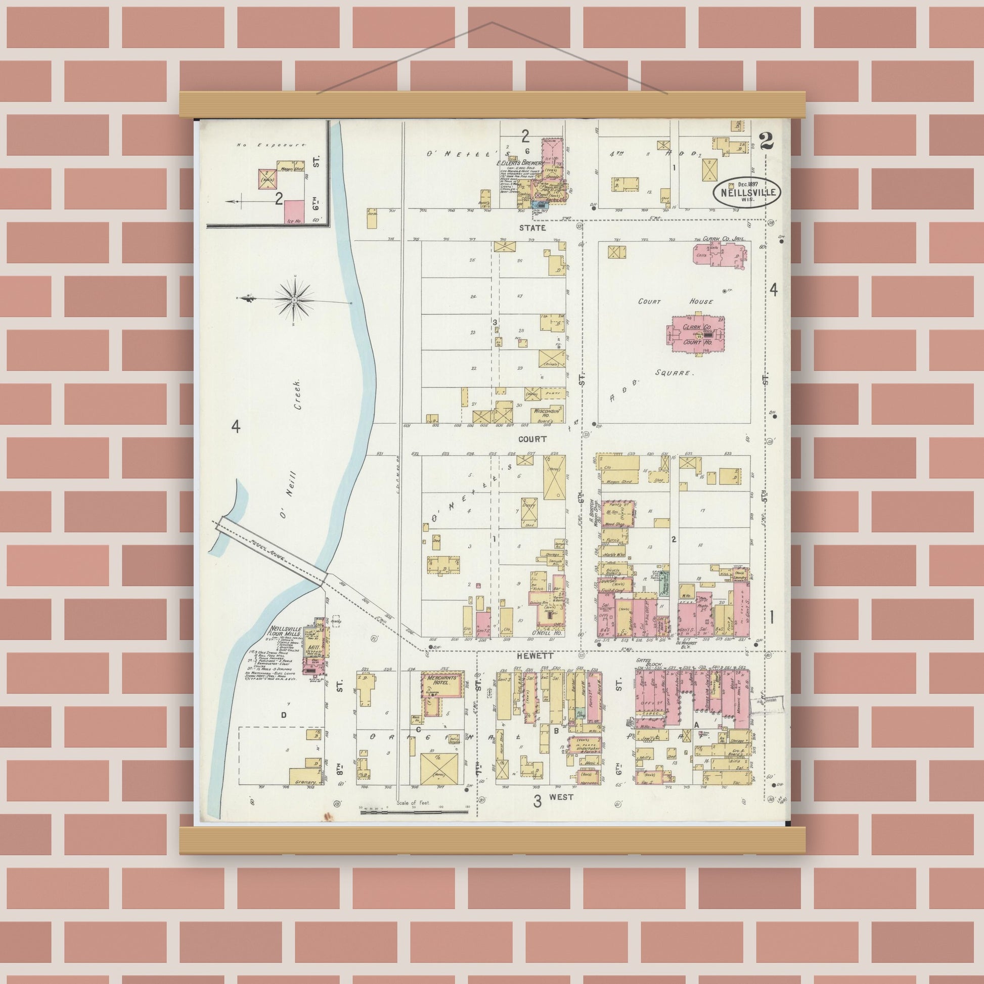 Old map wall art mockup — magnetic wood frame on brick wall — Sanborn Fire Insurance Map from Neillsville, Clark County, Wisconsin (1897), Sheet #0002