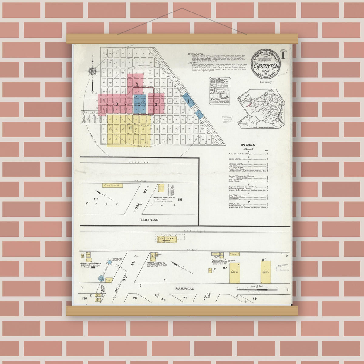 Old map wall art mockup — magnetic wood frame on brick wall — Sanborn Fire Insurance Map from Crosbyton, Crosby County, Texas (1921) - Complete Map Set