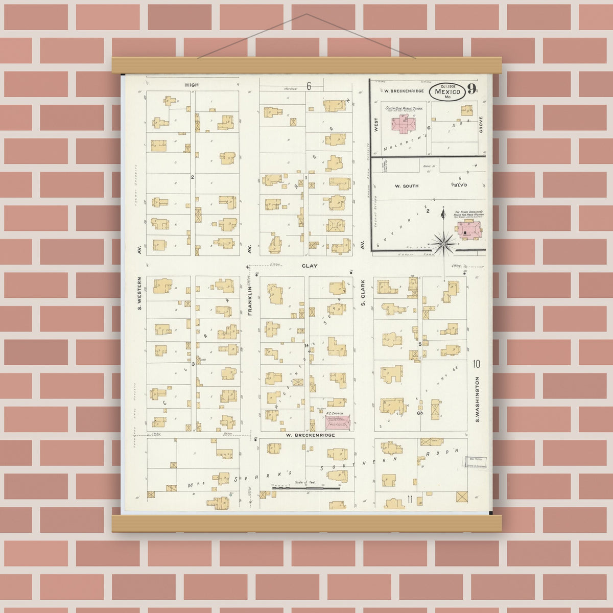 Old map wall art mockup — magnetic wood frame on brick wall — Sanborn Fire Insurance Map from Mexico, Audrain County, Missouri (1908), Sheet #0009