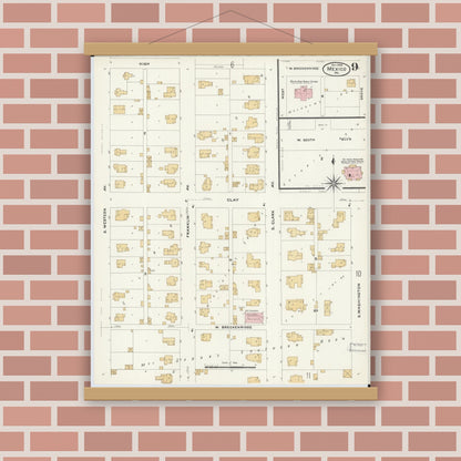 Old map wall art mockup — magnetic wood frame on brick wall — Sanborn Fire Insurance Map from Mexico, Audrain County, Missouri (1908), Sheet #0009