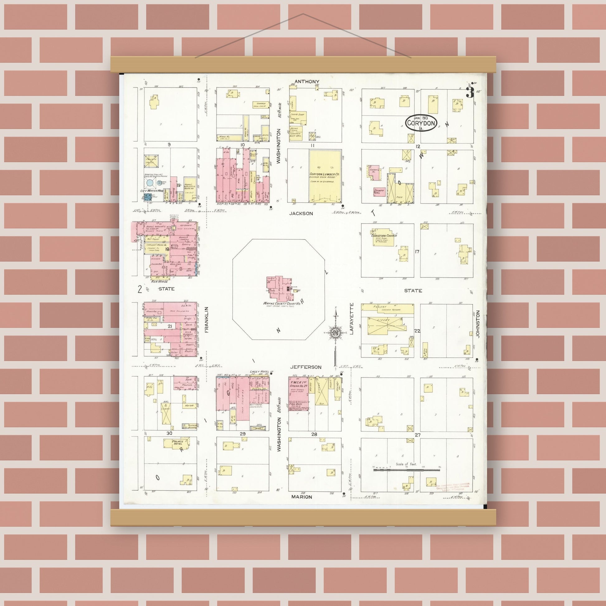Old map wall art mockup — magnetic wood frame on brick wall — Sanborn Fire Insurance Map from Corydon, Wayne County, Iowa (1913), Sheet #0003