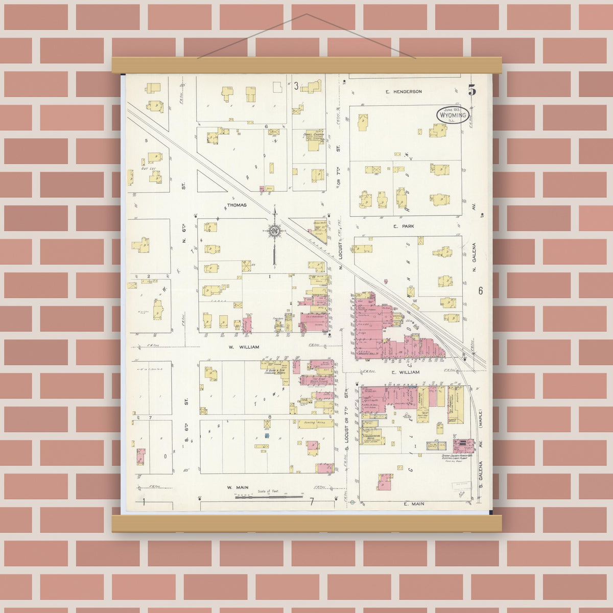 Old map wall art mockup — magnetic wood frame on brick wall — Sanborn Fire Insurance Map from Wyoming, Stark County, Illinois (1913), Sheet #0005