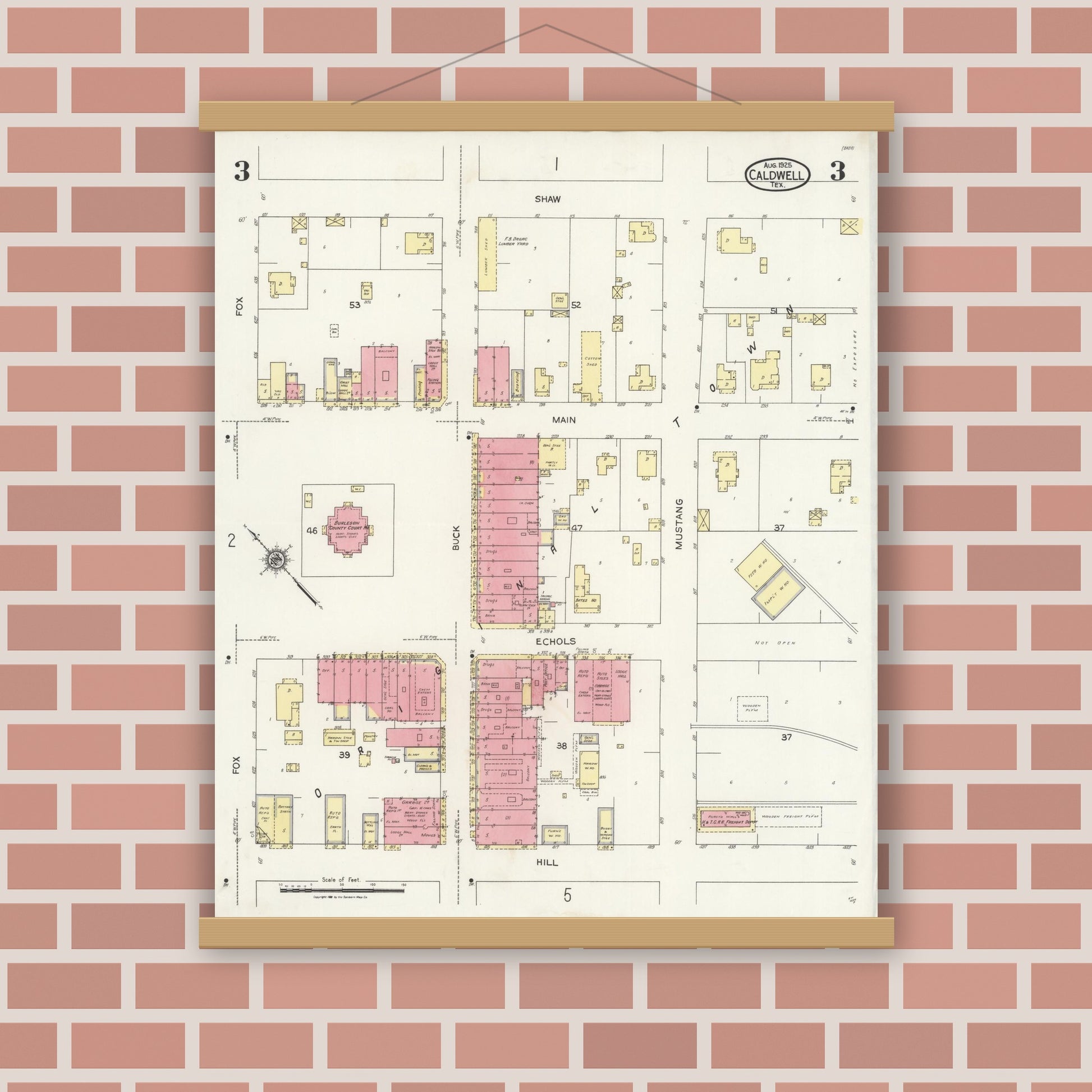 Old map wall art mockup — magnetic wood frame on brick wall — Sanborn Fire Insurance Map from Caldwell, Burleson County, Texas (1925), Sheet #0003