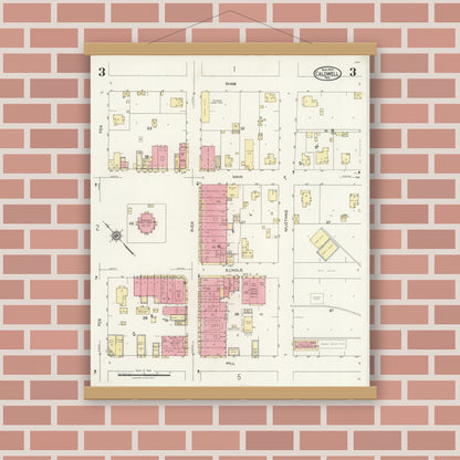Old map wall art mockup — magnetic wood frame on brick wall — Sanborn Fire Insurance Map from Caldwell, Burleson County, Texas (1925), Sheet #0003