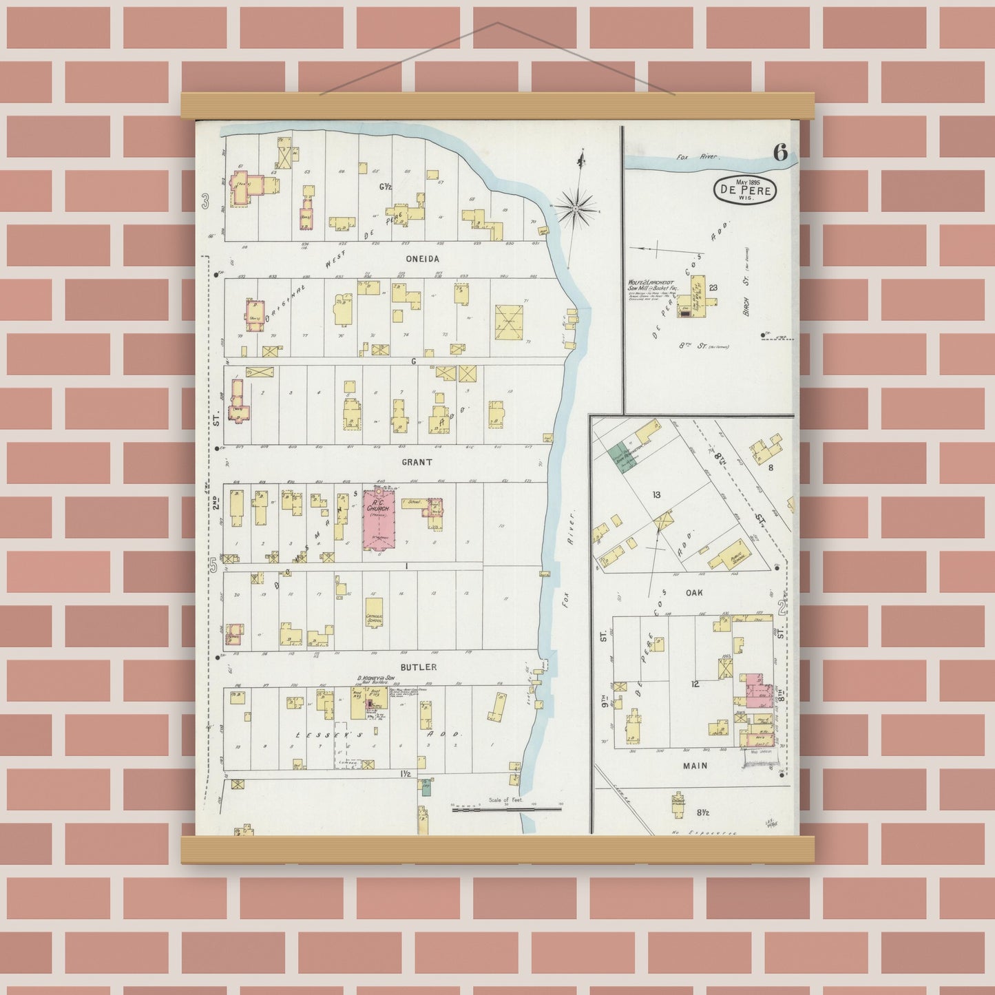 Old map wall art mockup — magnetic wood frame on brick wall — Sanborn Fire Insurance Map from De Pere, Brown County, Wisconsin (1895), Sheet #0006