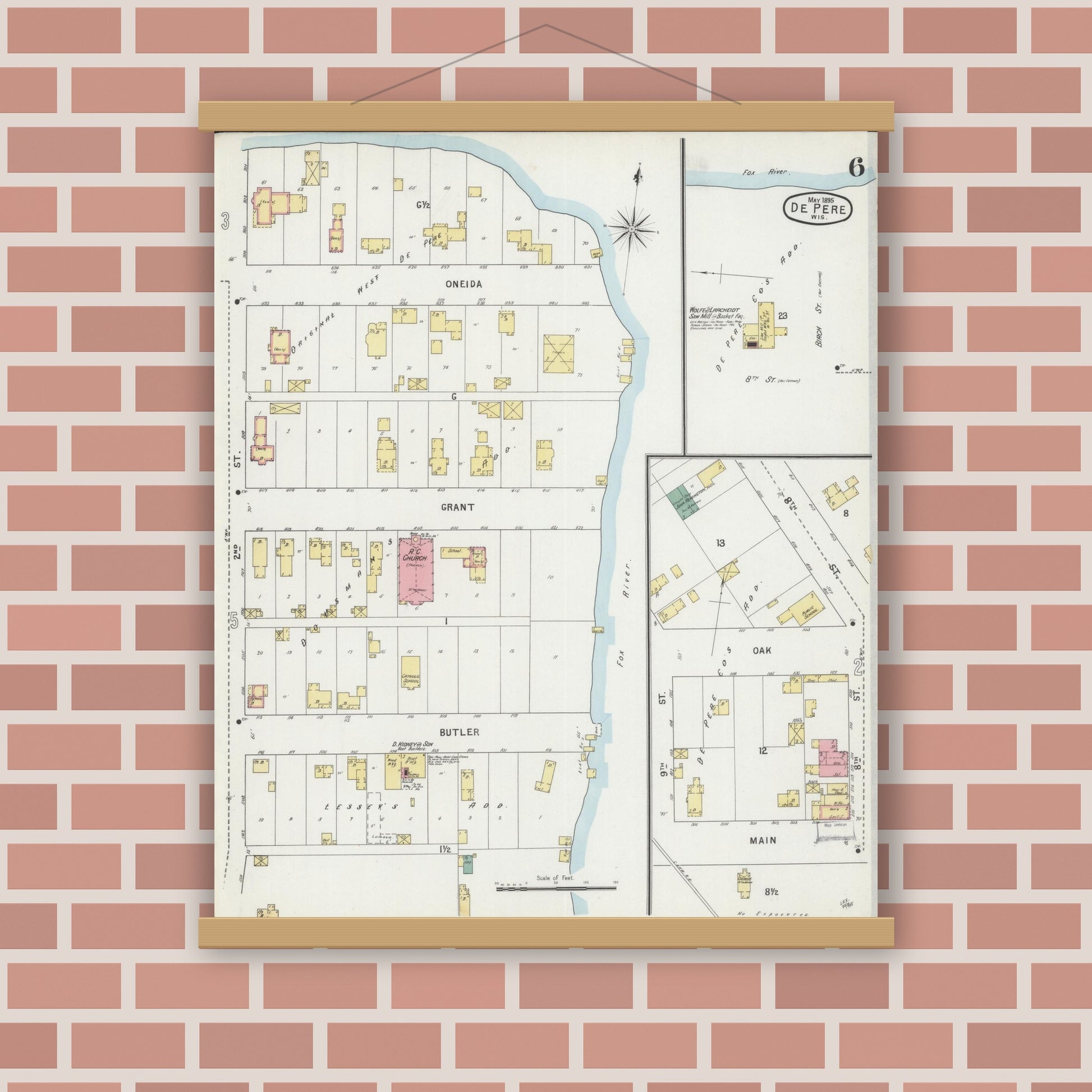 Old map wall art mockup — magnetic wood frame on brick wall — Sanborn Fire Insurance Map from De Pere, Brown County, Wisconsin (1895), Sheet #0006