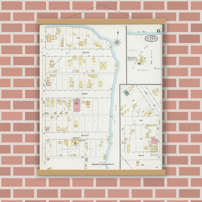 Old map wall art mockup — magnetic wood frame on brick wall — Sanborn Fire Insurance Map from De Pere, Brown County, Wisconsin (1895), Sheet #0006