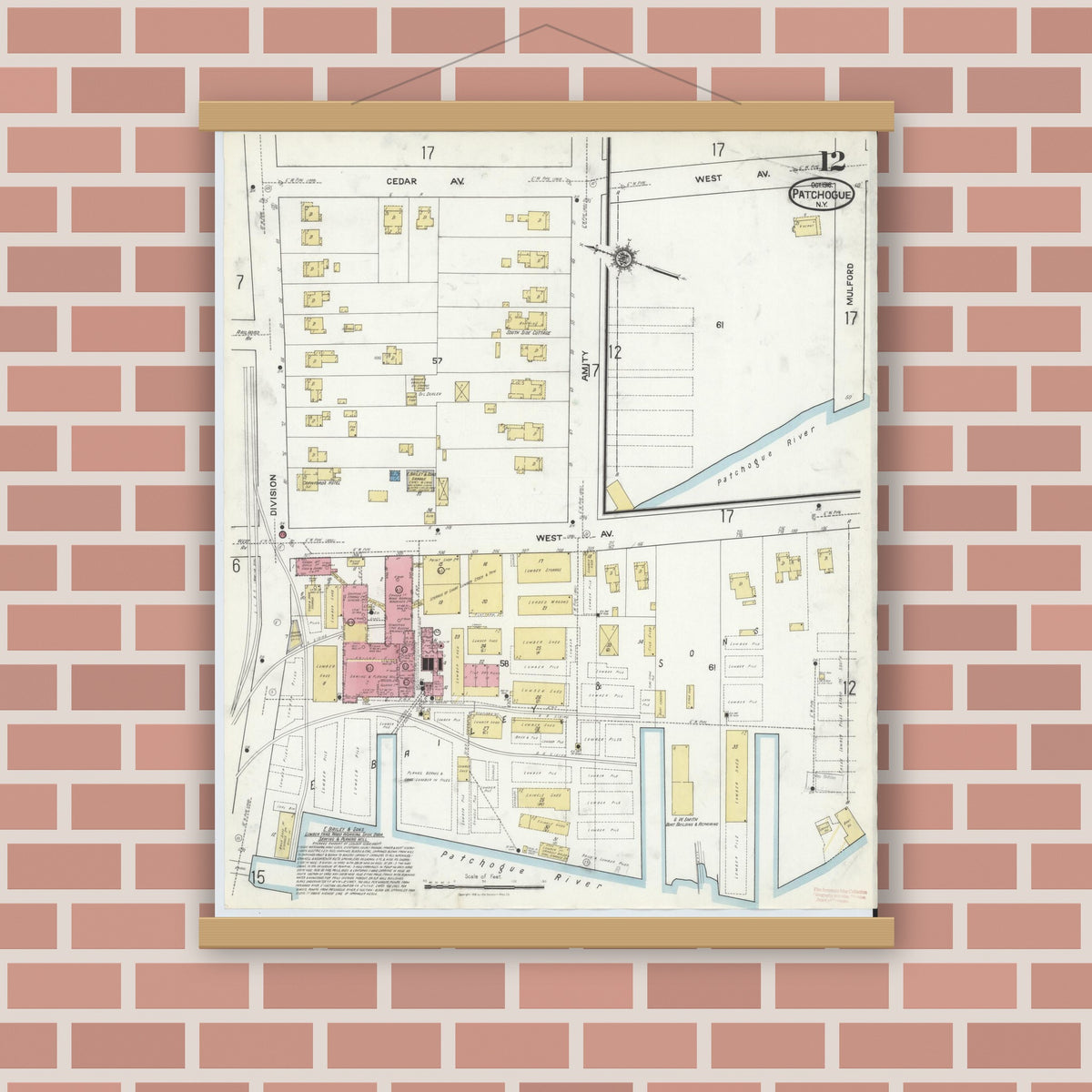 Old map wall art mockup — magnetic wood frame on brick wall — Sanborn Fire Insurance Map from Patchogue, Suffolk County, New York (1916), Sheet #0012