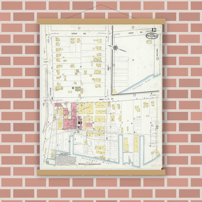 Old map wall art mockup — magnetic wood frame on brick wall — Sanborn Fire Insurance Map from Patchogue, Suffolk County, New York (1916), Sheet #0012