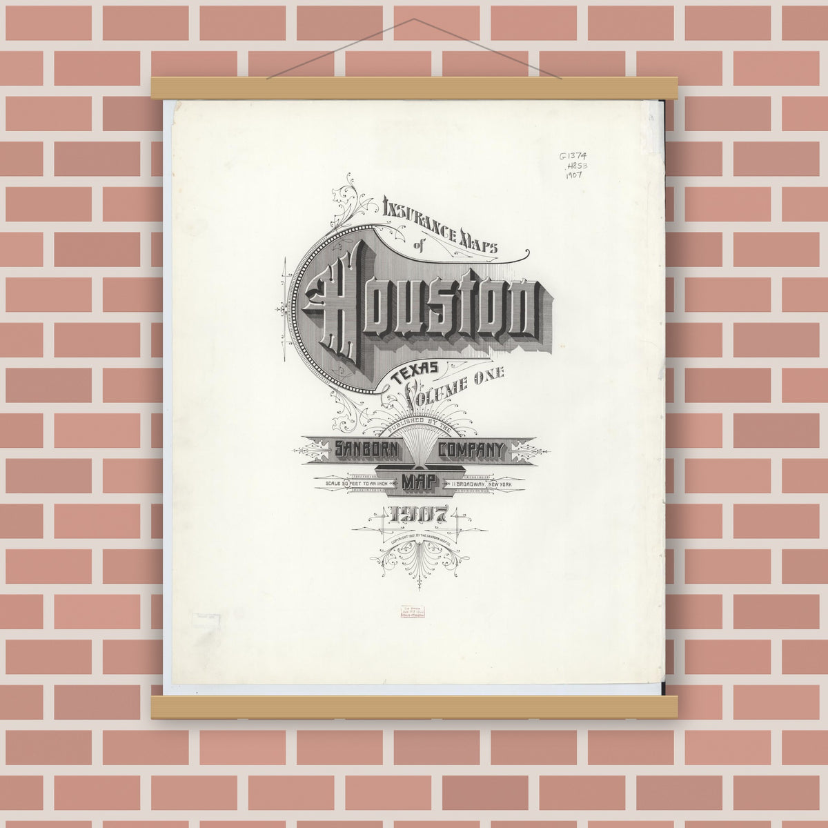 Old map wall art mockup — magnetic wood frame on brick wall — Sanborn Fire Insurance Map from Houston, Harris County, Texas (1907) - Complete Map Set
