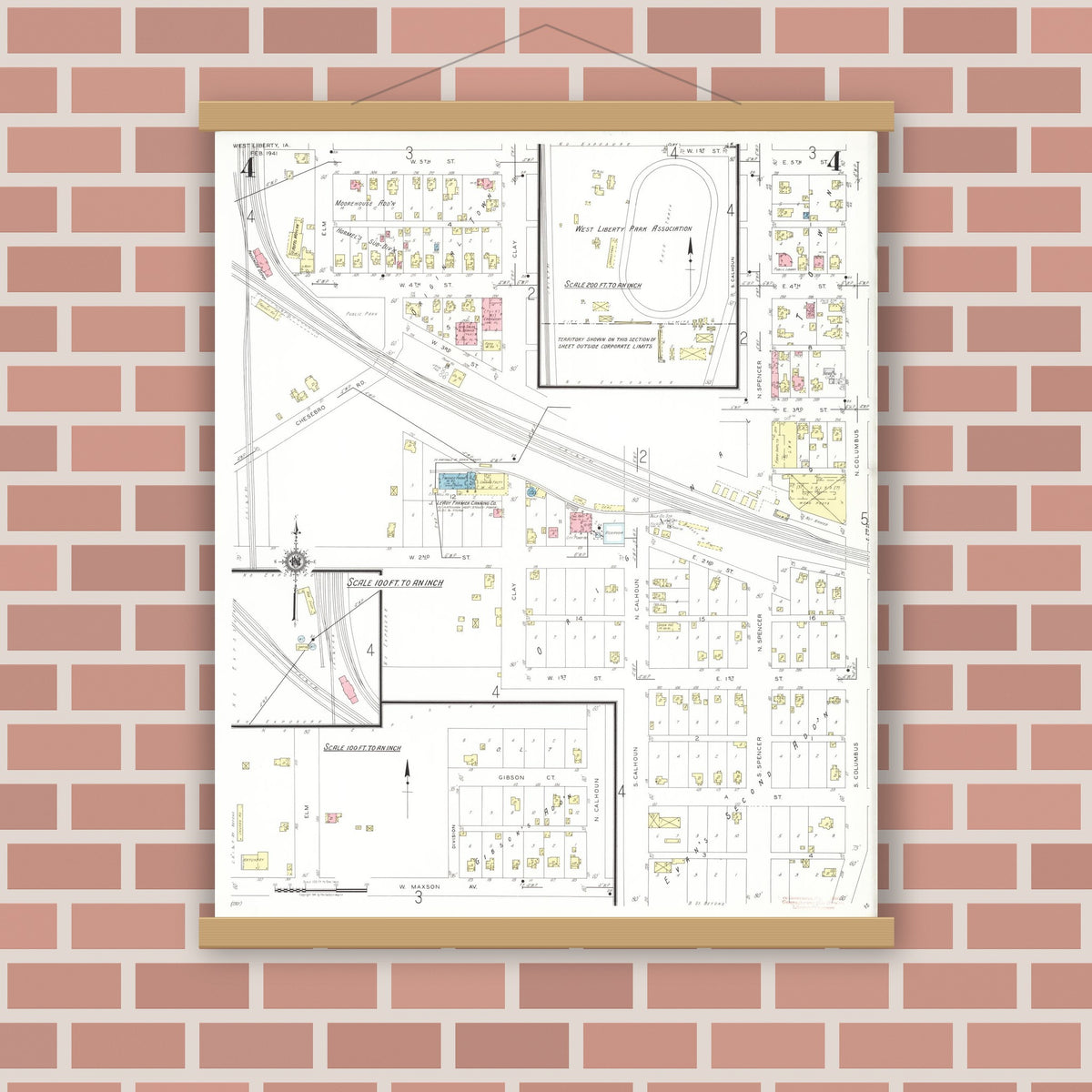 Old map wall art mockup — magnetic wood frame on brick wall — Sanborn Fire Insurance Map from West Liberty, Muscatine County, Iowa (1941), Sheet #0004