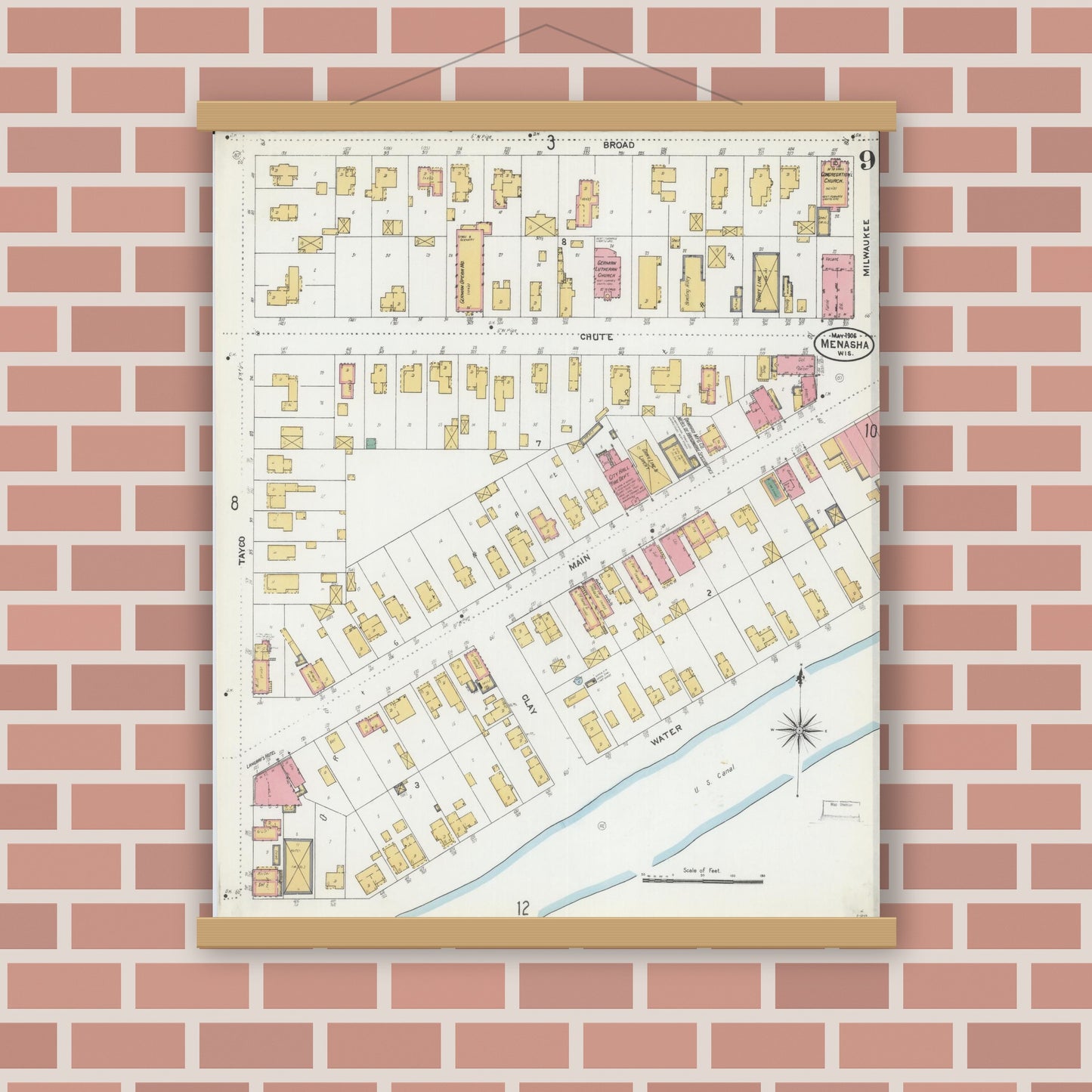 Old map wall art mockup — magnetic wood frame on brick wall — Sanborn Fire Insurance Map from Menasha, Winnebago County, Wisconsin (1906), Sheet #0009