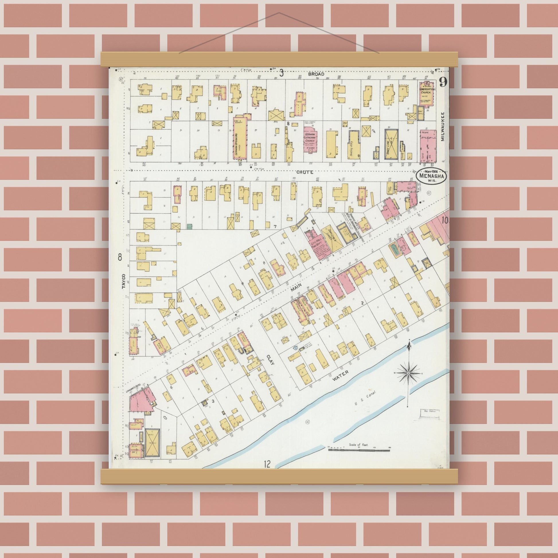 Old map wall art mockup — magnetic wood frame on brick wall — Sanborn Fire Insurance Map from Menasha, Winnebago County, Wisconsin (1906), Sheet #0009