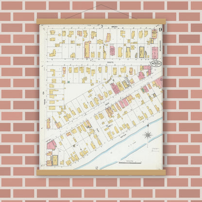 Old map wall art mockup — magnetic wood frame on brick wall — Sanborn Fire Insurance Map from Menasha, Winnebago County, Wisconsin (1906), Sheet #0009
