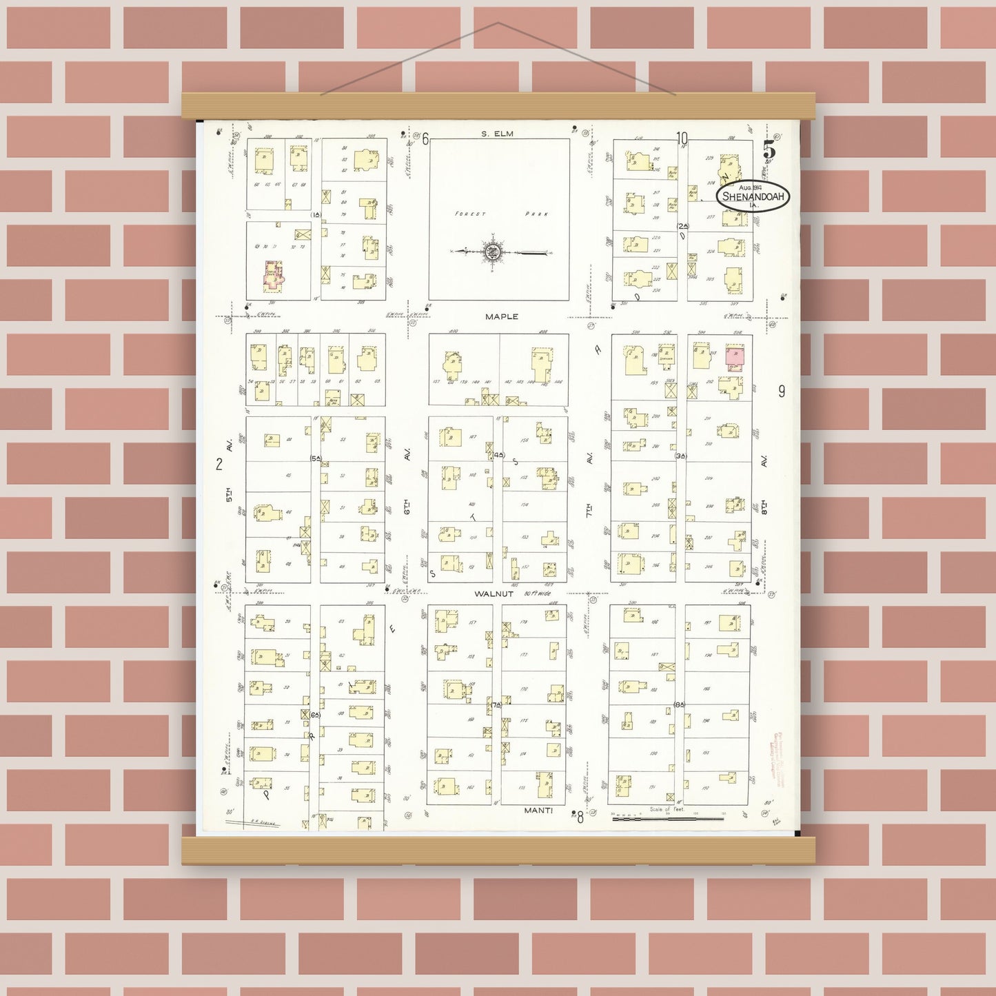 Old map wall art mockup — magnetic wood frame on brick wall — Sanborn Fire Insurance Map from Shenandoah, Page County, Iowa (1914), Sheet #0005