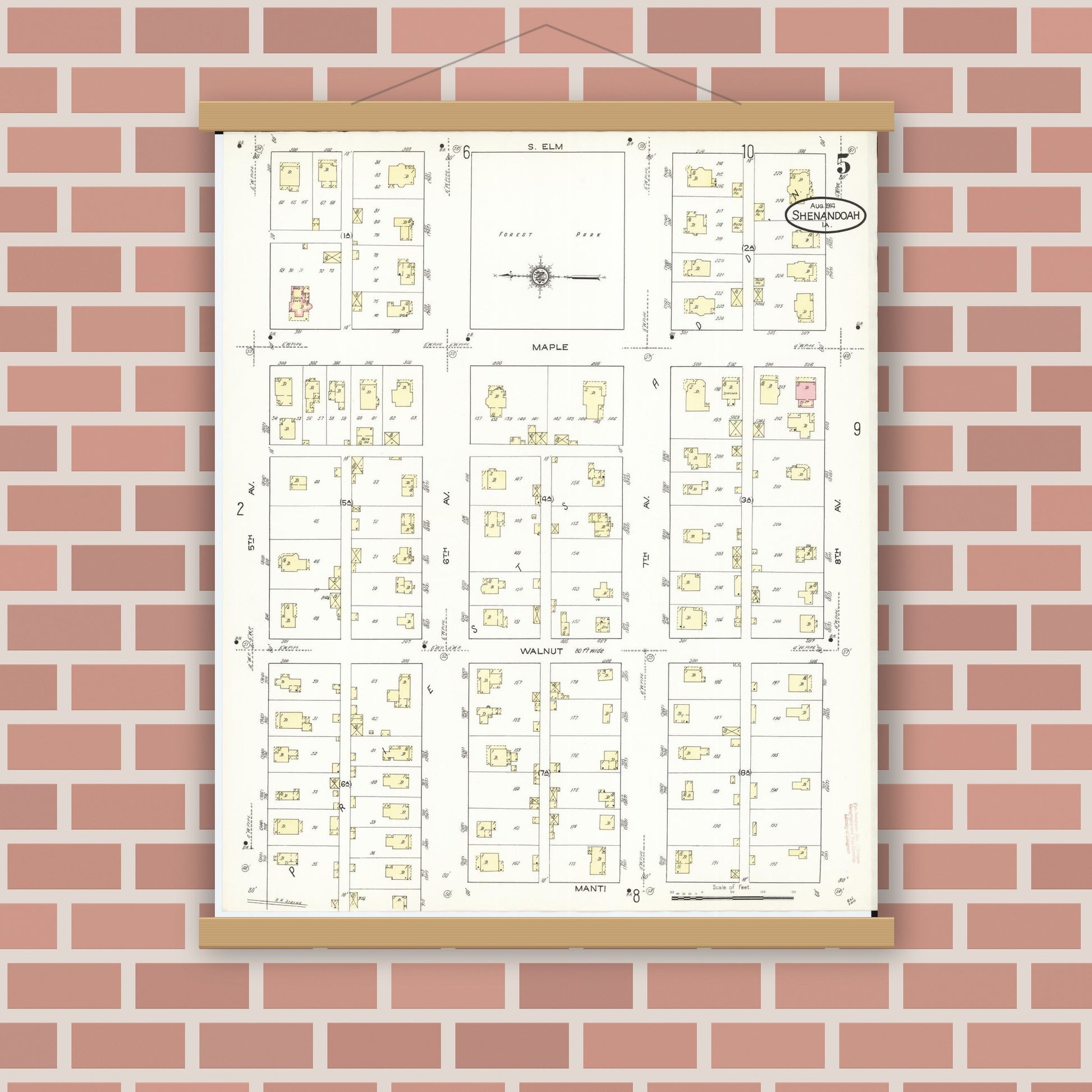 Old map wall art mockup — magnetic wood frame on brick wall — Sanborn Fire Insurance Map from Shenandoah, Page County, Iowa (1914), Sheet #0005