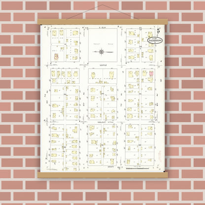 Old map wall art mockup — magnetic wood frame on brick wall — Sanborn Fire Insurance Map from Shenandoah, Page County, Iowa (1914), Sheet #0005