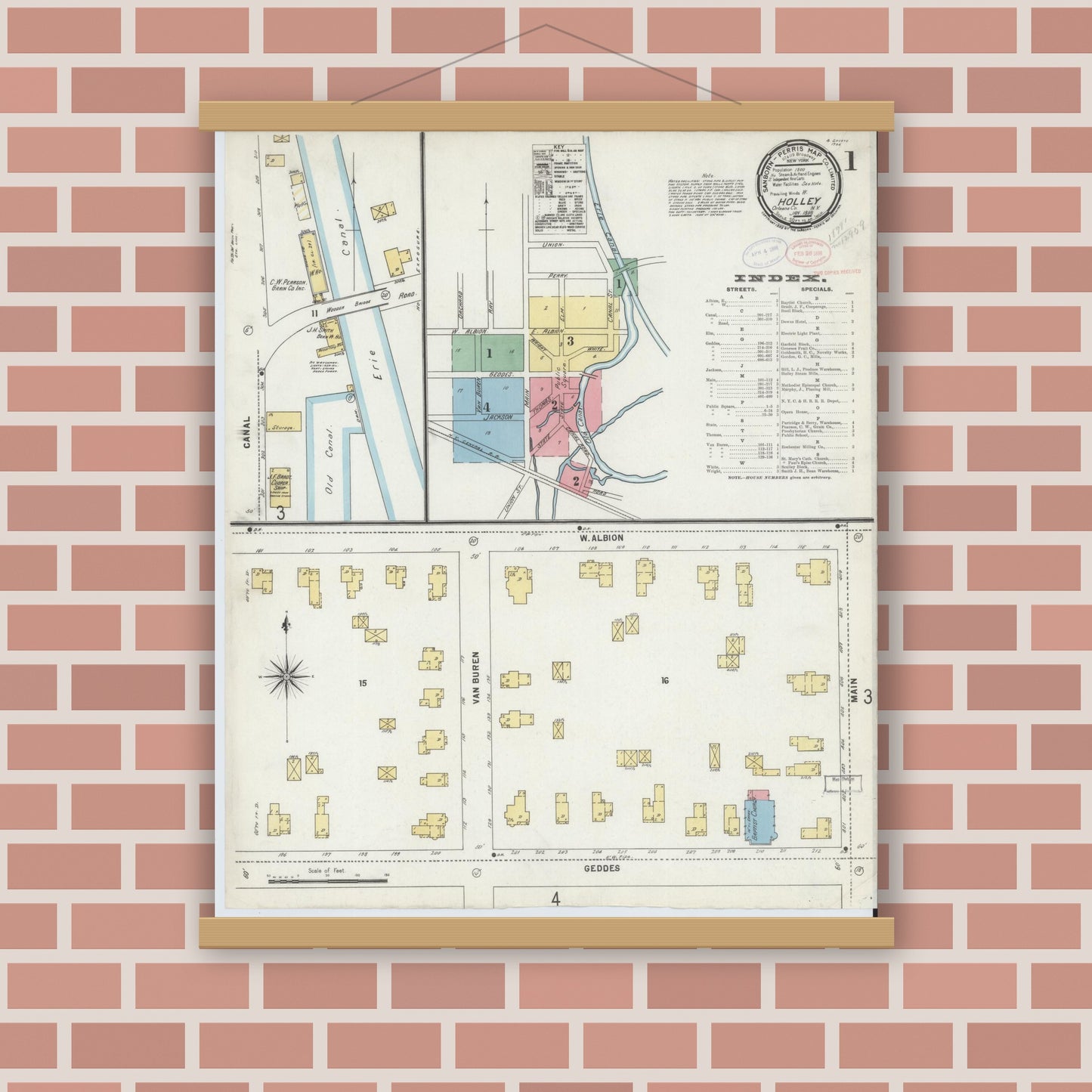 Old map wall art mockup — magnetic wood frame on brick wall — Sanborn Fire Insurance Map from Holley, Orleans County, New York (1898) - Complete Map Set