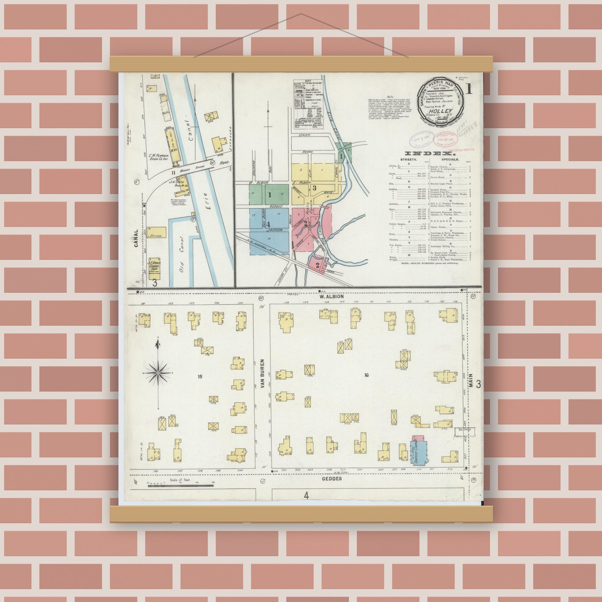 Old map wall art mockup — magnetic wood frame on brick wall — Sanborn Fire Insurance Map from Holley, Orleans County, New York (1898) - Complete Map Set