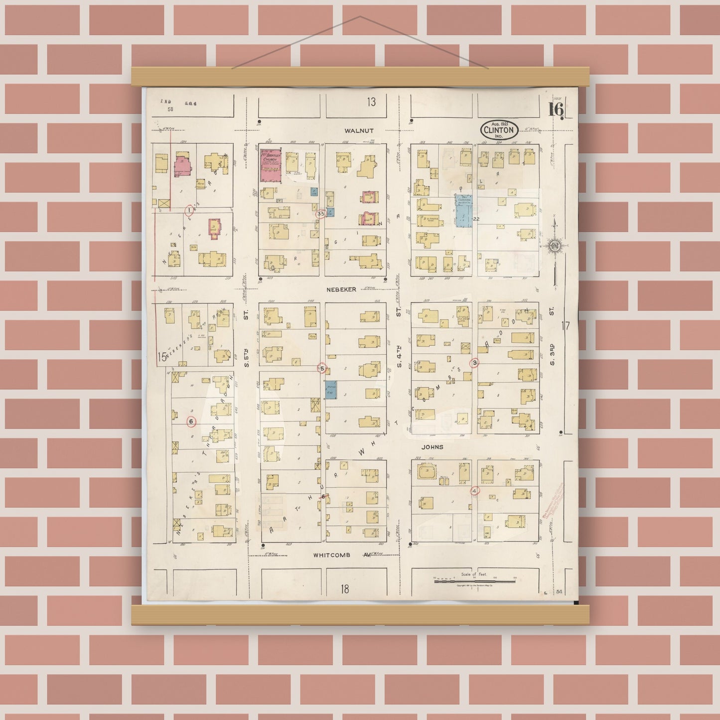 Old map wall art mockup — magnetic wood frame on brick wall — Sanborn Fire Insurance Map from Clinton, Vermillion County, Indiana (1947), Sheet #0016