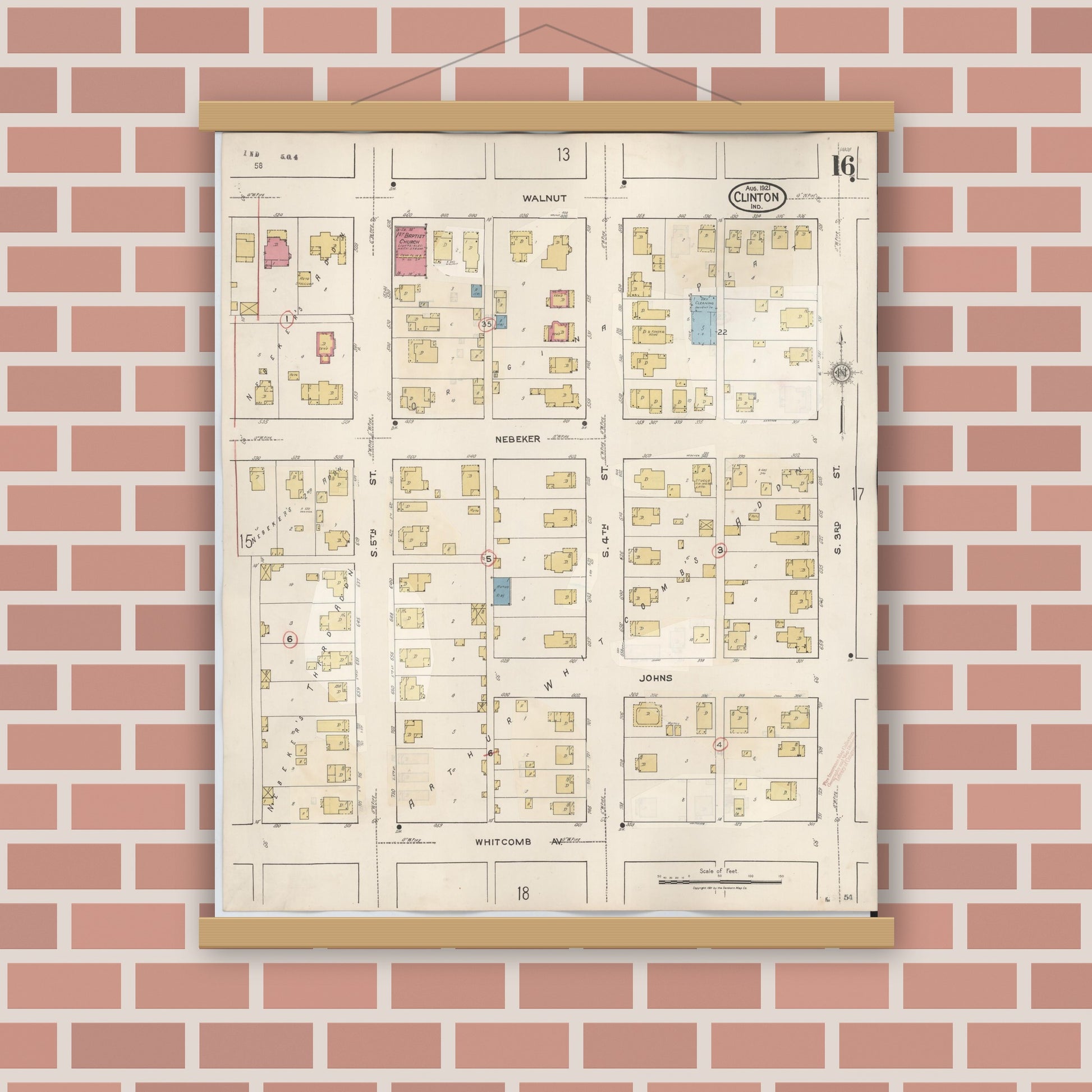Old map wall art mockup — magnetic wood frame on brick wall — Sanborn Fire Insurance Map from Clinton, Vermillion County, Indiana (1947), Sheet #0016