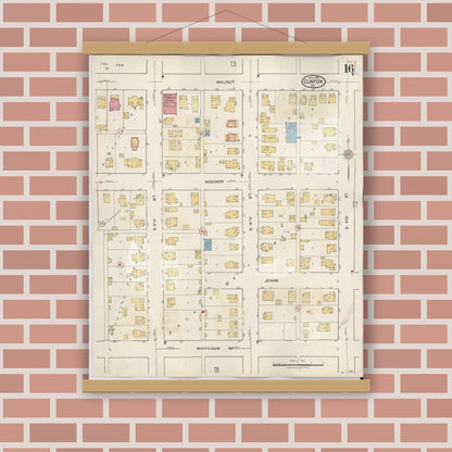 Old map wall art mockup — magnetic wood frame on brick wall — Sanborn Fire Insurance Map from Clinton, Vermillion County, Indiana (1947), Sheet #0016