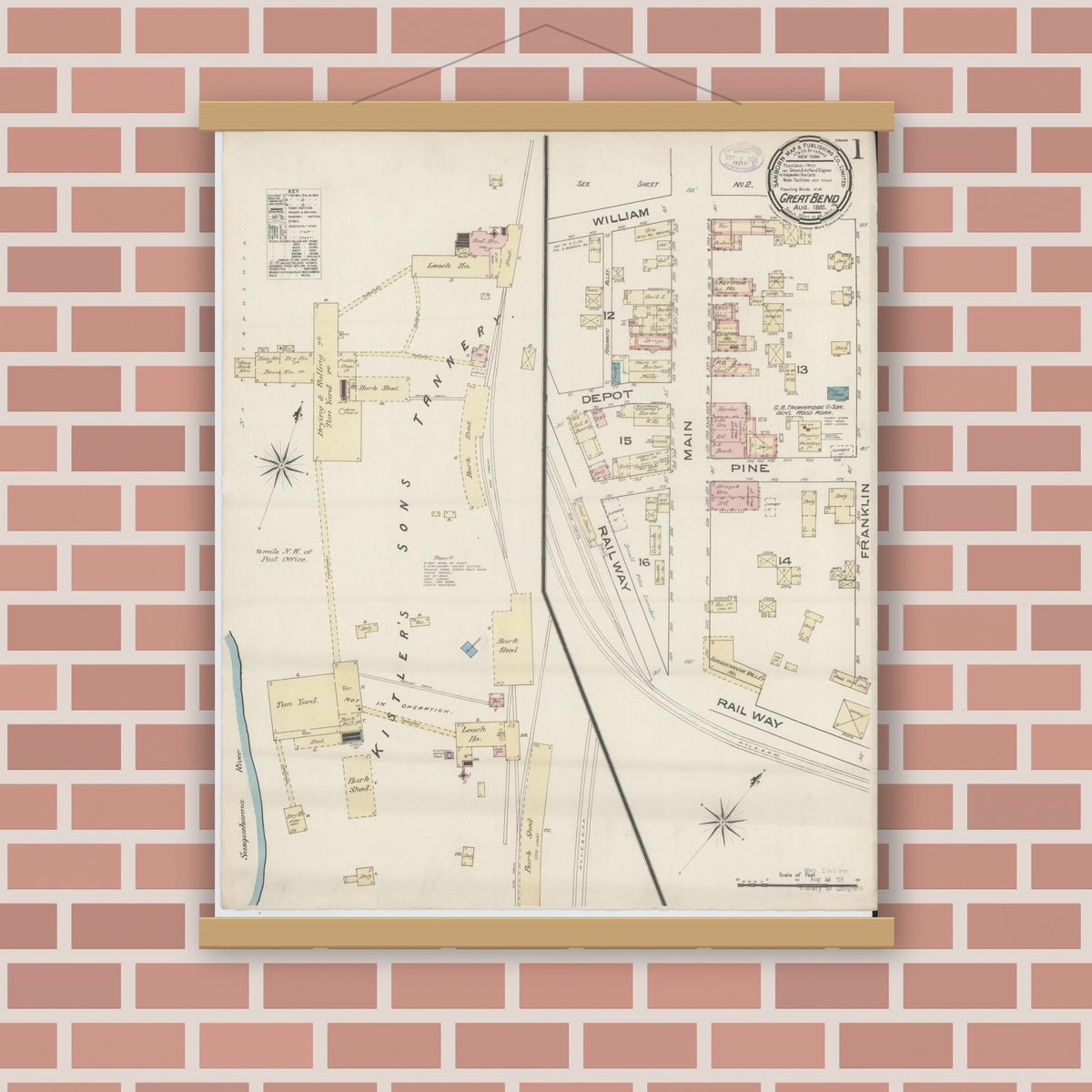 Old map wall art mockup — magnetic wood frame on brick wall — Sanborn Fire Insurance Map from Great Bend, Susquehanna County, Pennsylvania (1885), Sheet #0001