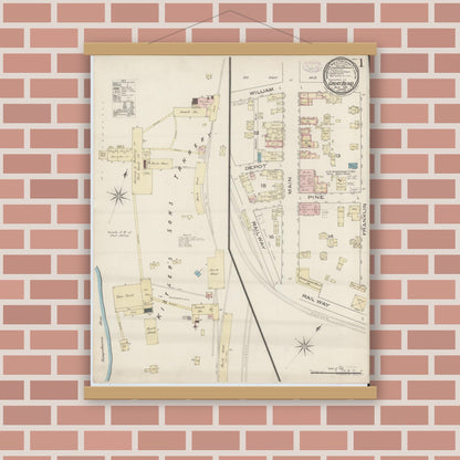 Old map wall art mockup — magnetic wood frame on brick wall — Sanborn Fire Insurance Map from Great Bend, Susquehanna County, Pennsylvania (1885), Sheet #0001