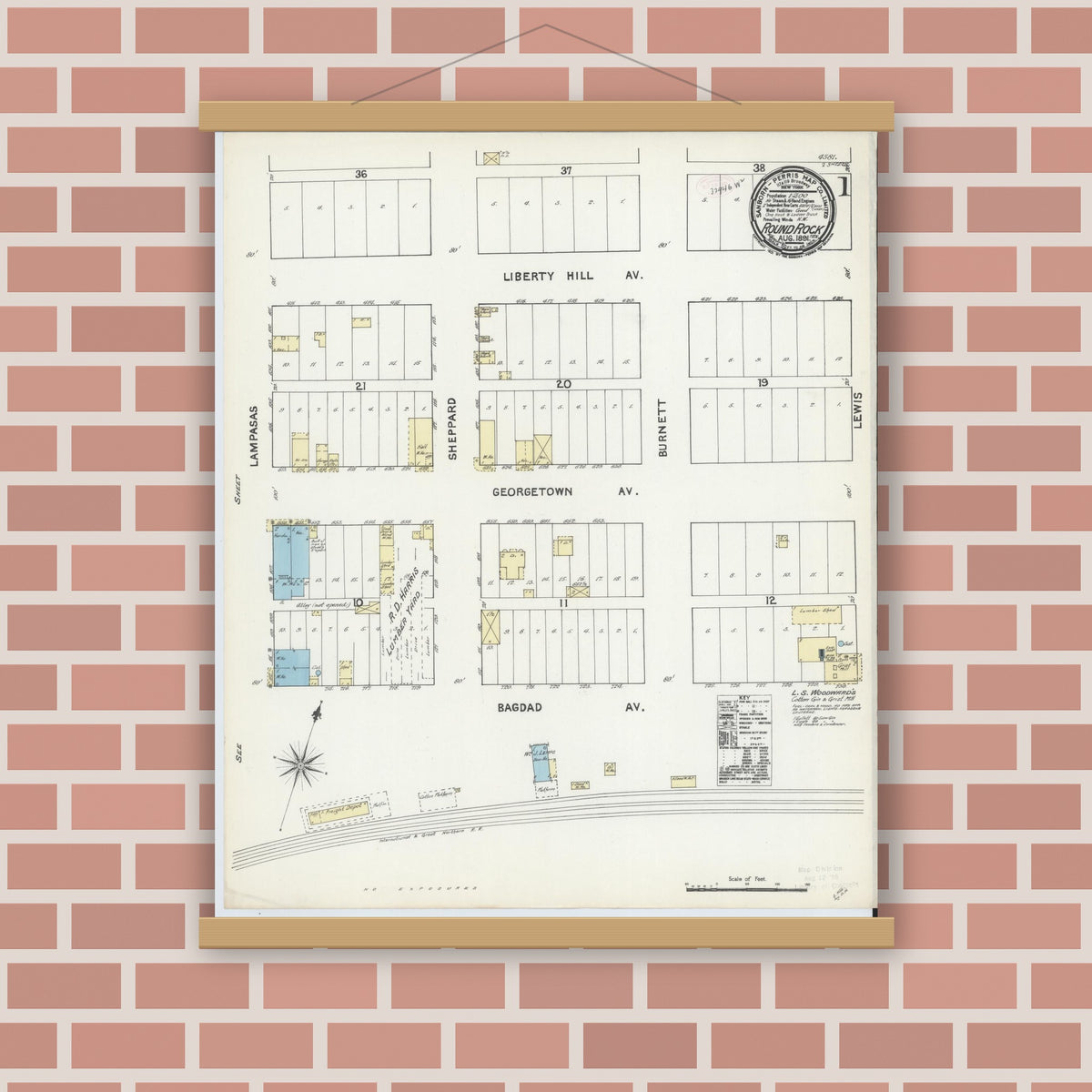 Old map wall art mockup — magnetic wood frame on brick wall — Sanborn Fire Insurance Map from Round Rock, Williamson County, Texas (1891) - Complete Map Set